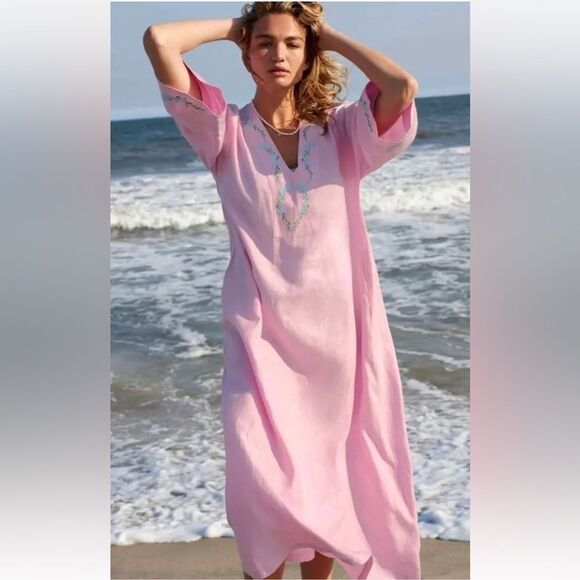 NWT Fanm Mon X Andie Linen The Kepez Kaftan Dress Swim Coverup in Aster Size L - Picture 1 of 10